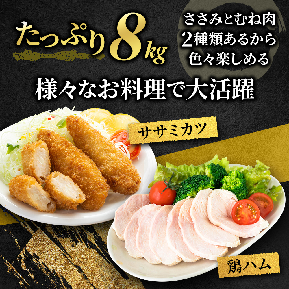 鶏肉 セット 広島熟成どり 8kg ( むね肉 6kg ・ ささみ 2kg )【配達不可：沖縄・離島】