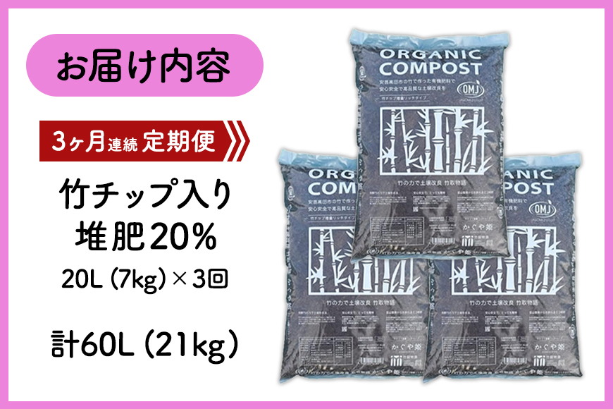 竹チップ入り堆肥20％（かぐや姫）20L（7kg）3ヶ月連続 雑貨 日用品 熟成 発酵 放線菌 乳酸菌 微生物 土壌 フカフカ 野菜 元気 美味しい 有機JAS 資材 栄養 