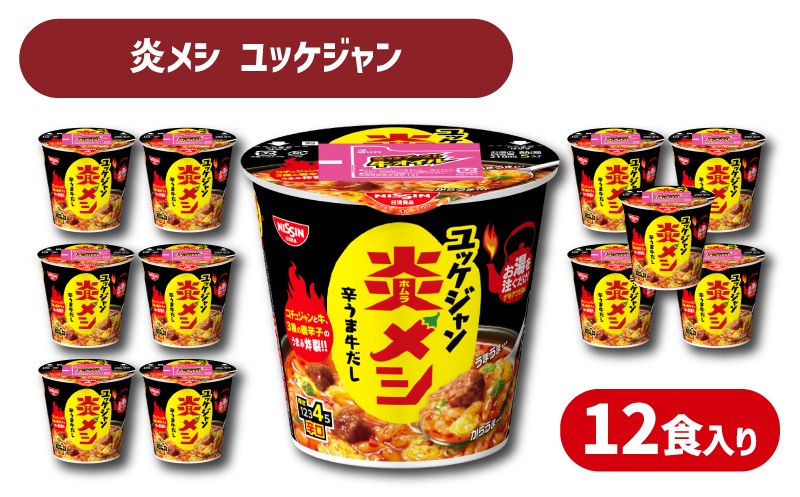 日清 炎メシ ユッケジャン 12食 入り ( 辛うま 辛い 唐辛子 コチュジャン インスタント 時短 簡単調理 非常食 備蓄 常温 大容量 保存 長期保存 即席 日清食品 ) 下関 山口
