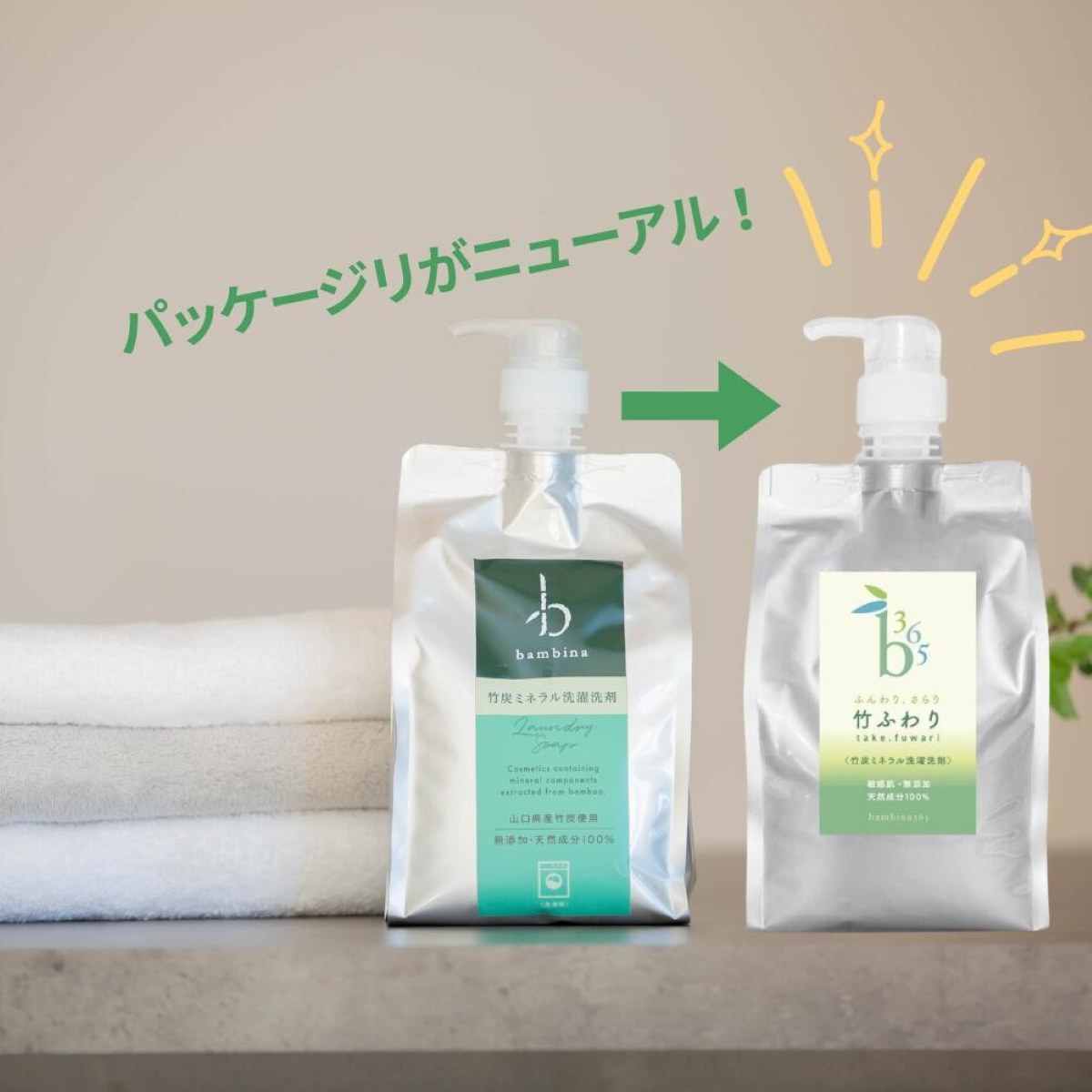 bambina 竹ふわり 竹炭ミネラル 洗濯洗剤 1000ml×２本 ポンプ付き