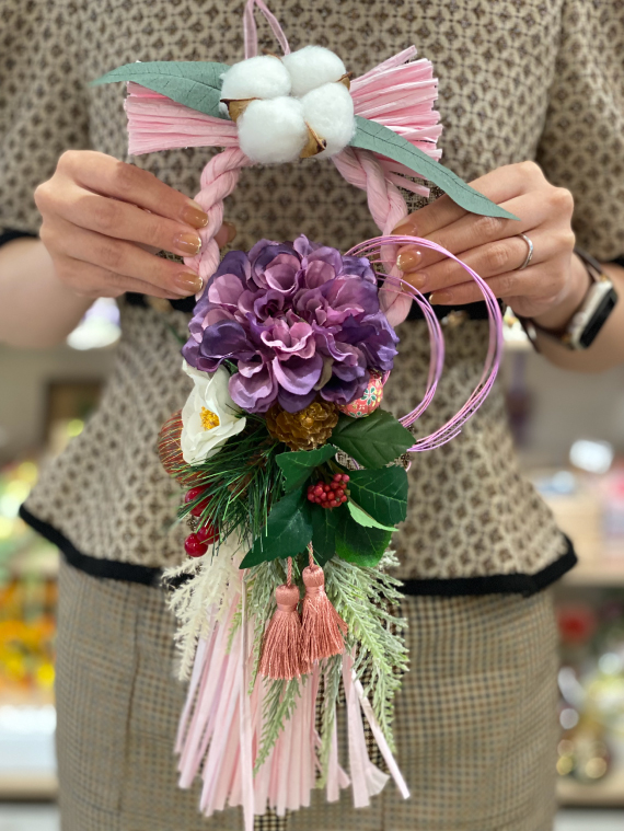 お正月しめ縄飾り ピンク 花 手作り アレンジメント ドライフラワー