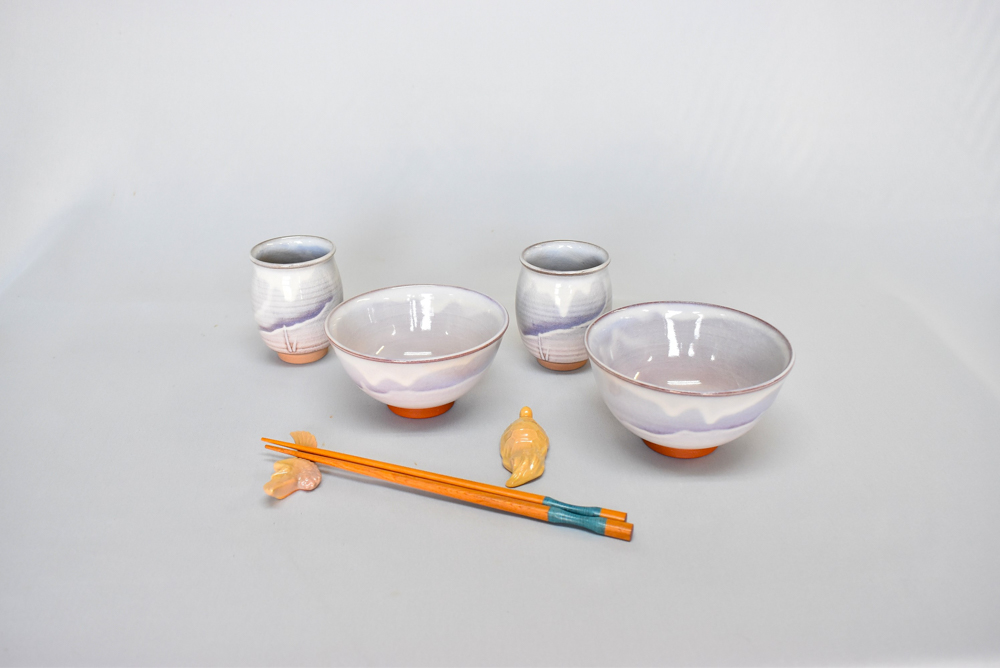 萩焼 萩むらさき福の器揃い(ご飯茶碗・湯呑・鶴亀箸置きセット)