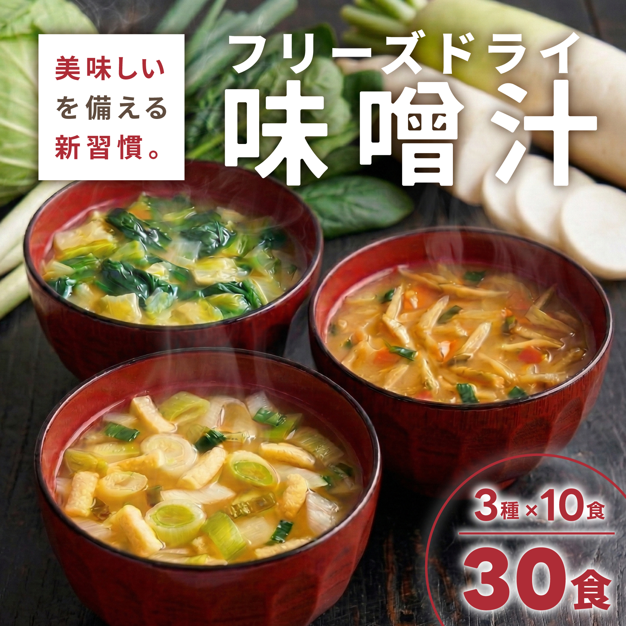 フリーズドライみそ汁3種30食セット ハチ食品株式会社 山口県 防府市 B41 味噌汁 みそ汁 インスタント 詰め合わせ 具沢山 野菜 焼きあご 常備食 時短