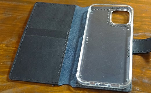 本革製手帳型iPhoneカバー iPhone12/12Pro用 ＜ブラック＞ 国産牛ヌメ革 スマホ 手帳型 カバー iPhone iPhone12 iPhone12Pro 本革 レザー 革製品 黒 ブラック  ファッション小物 ファッションアイテム F6L-306