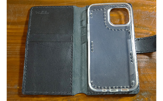 本革製手帳型iPhoneカバー iPhone13mini用 ＜グリーン＞ 国産牛ヌメ革 ハンドメイド スマホ 手帳型 カバー iPhone iPhone13mini 本革 レザー 革製品 グリーン  F6L-1299