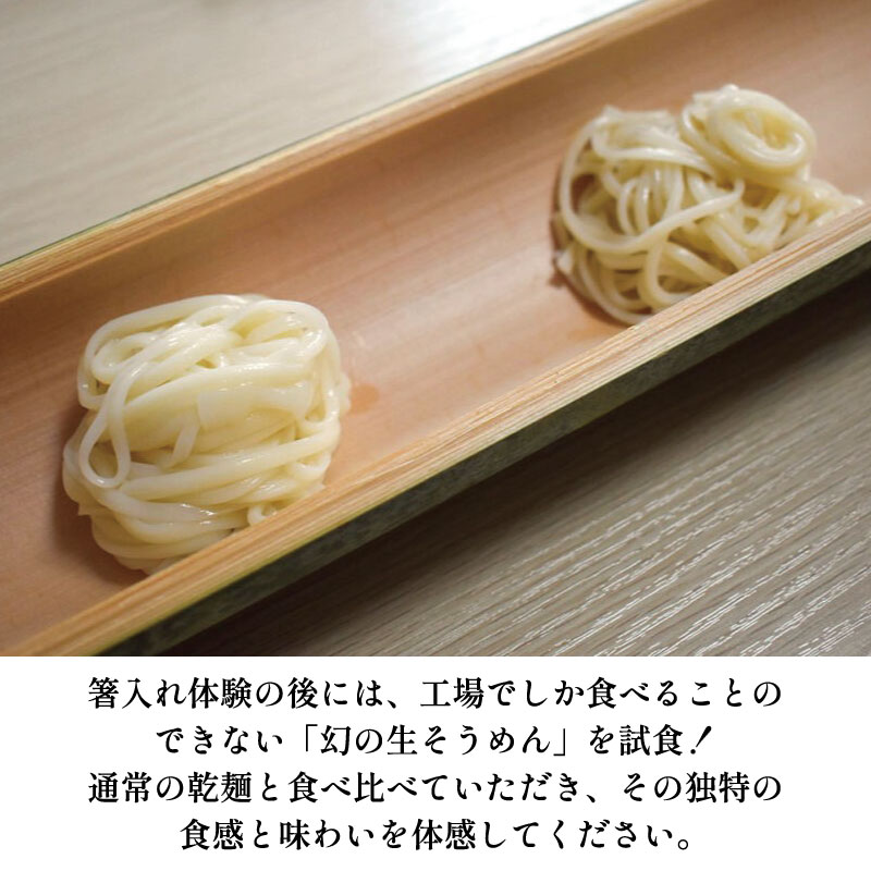 半田そうめん 工場見学 大人3名様 《 食べ比べ お土産 つき！ 》 チケット そうめん 箸入れ体験 生そうめん 試食 素麺 麺 家族 ファミリー 親子 旅行 観光 体験 徳島 つるぎ町