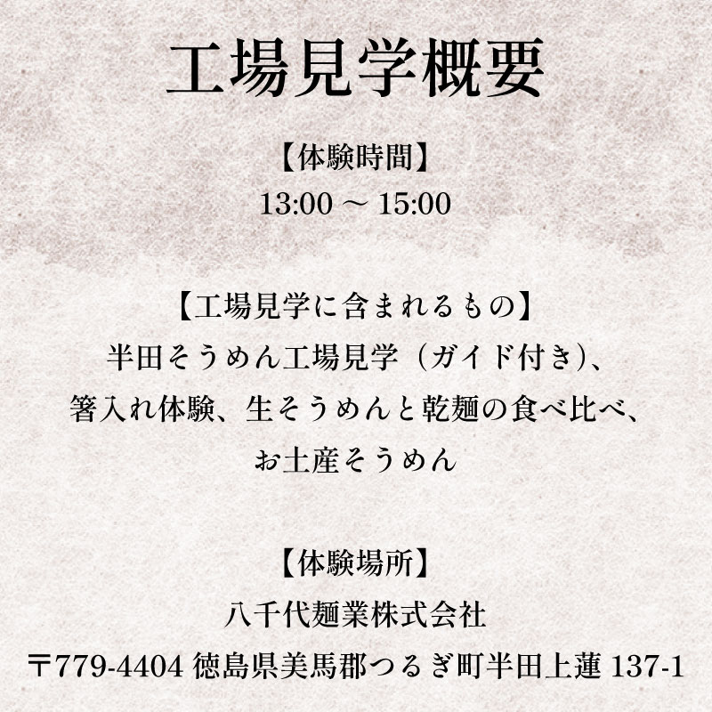 半田そうめん 工場見学 大人1名・小人1名様 《 食べ比べ お土産 つき！ 》 チケット そうめん 箸入れ体験 生そうめん 試食 素麺 麺 家族 ファミリー 親子 旅行 観光 体験 徳島 つるぎ町