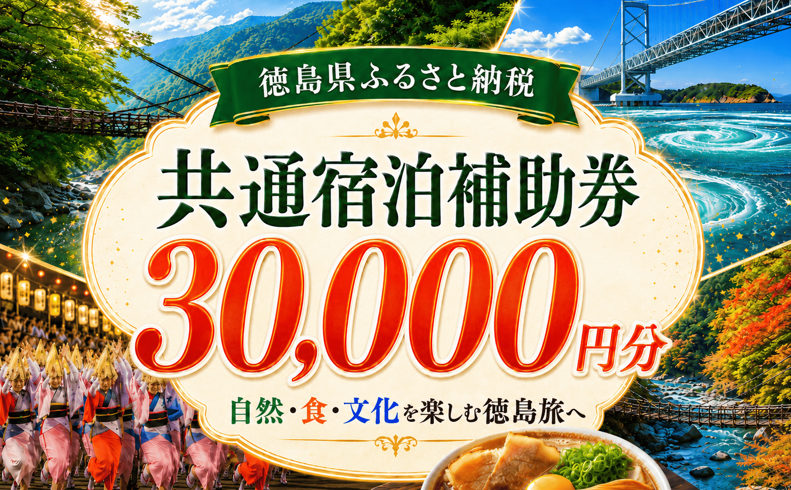 徳島県 宿泊券 30,000円分 《ここしかない！徳島県内”全域”が対象！》 阿波踊り 阿波おどり 徳島 旅行 旅行券 トラベル クーポン ホテル 宿泊 チケット 温泉 観光 すだち 鳴門金時 徳島ラーメン 半田そうめん 大塚美術館