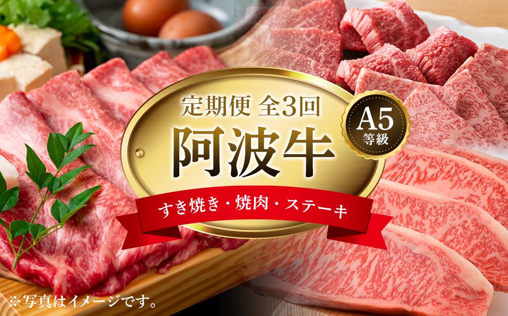 定期便全３回　阿波牛定期便 A5等級(特選すき焼きセット・匠焼肉セット・サーロインステーキ）