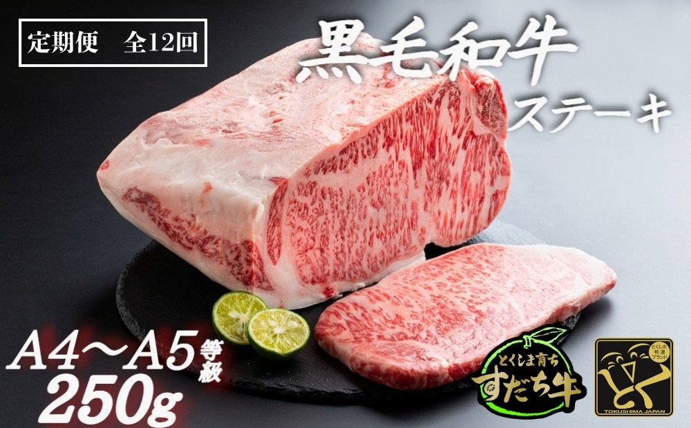 定期便 12回お届け すだち牛黒毛和牛（ステーキ用）250g　鳴門　すだち牛　黒毛和牛　ブランド牛　高級　敬老の日　お歳暮　定期便　ステーキ　
