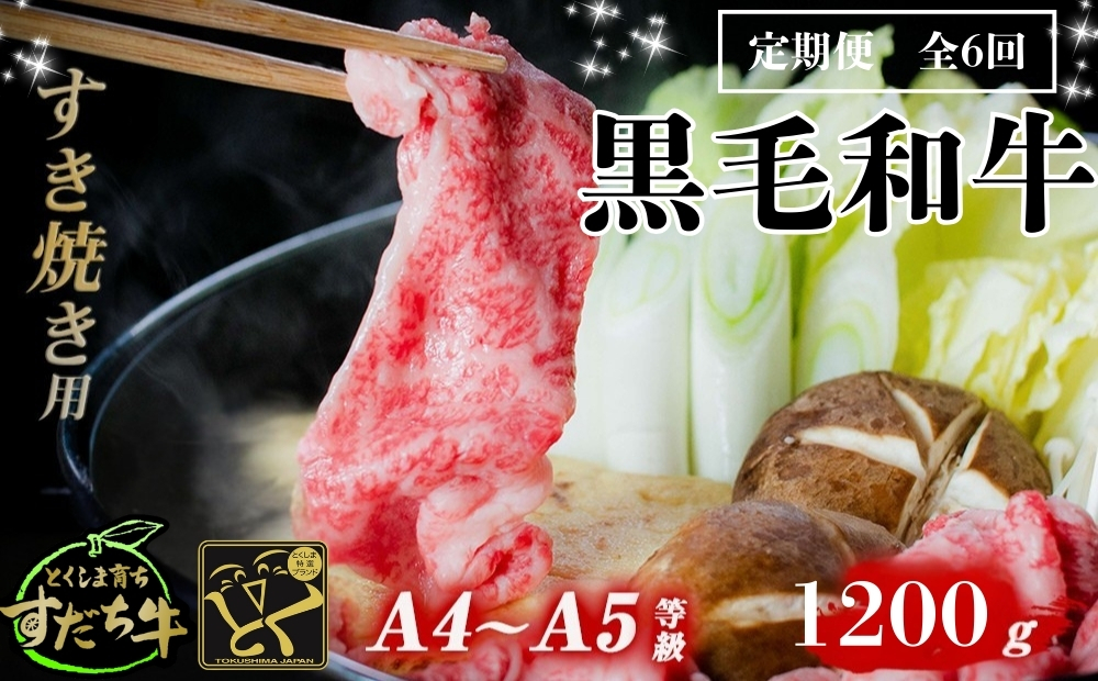 定期便 6回お届け すだち牛黒毛和牛（すき焼き用）1.2kg　鳴門　すだち牛　黒毛和牛　ブランド牛　高級　敬老の日　お歳暮　定期便　すき焼き　