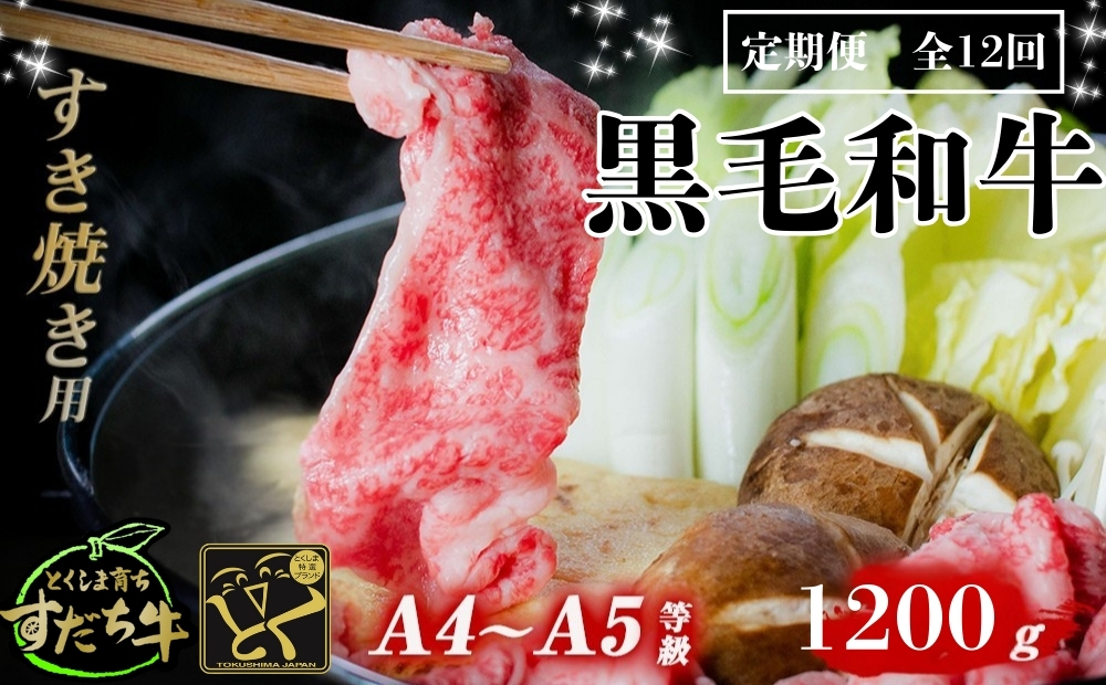 定期便 12回お届け すだち牛黒毛和牛（すき焼き用）1.2kg　鳴門　すだち牛　黒毛和牛　ブランド牛　高級　敬老の日　お歳暮　定期便　すき焼き　