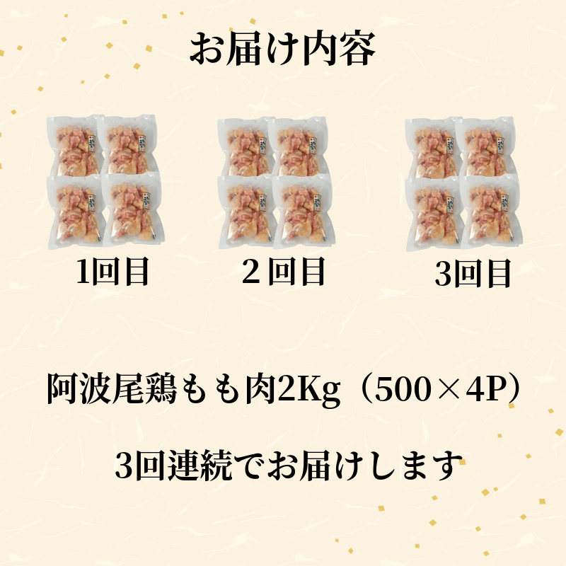 【定期便3回】鶏肉 阿波尾鶏 もも肉2kg (500g×4P) 小分け 毎月 便利 鶏肉 徳島 地鶏 とり肉 ブランド 唐揚げ チキン チキン南蛮 チキンカレー チキンステーキ 鍋 水炊き もも肉 小分け バラ 冷凍 小松島市 