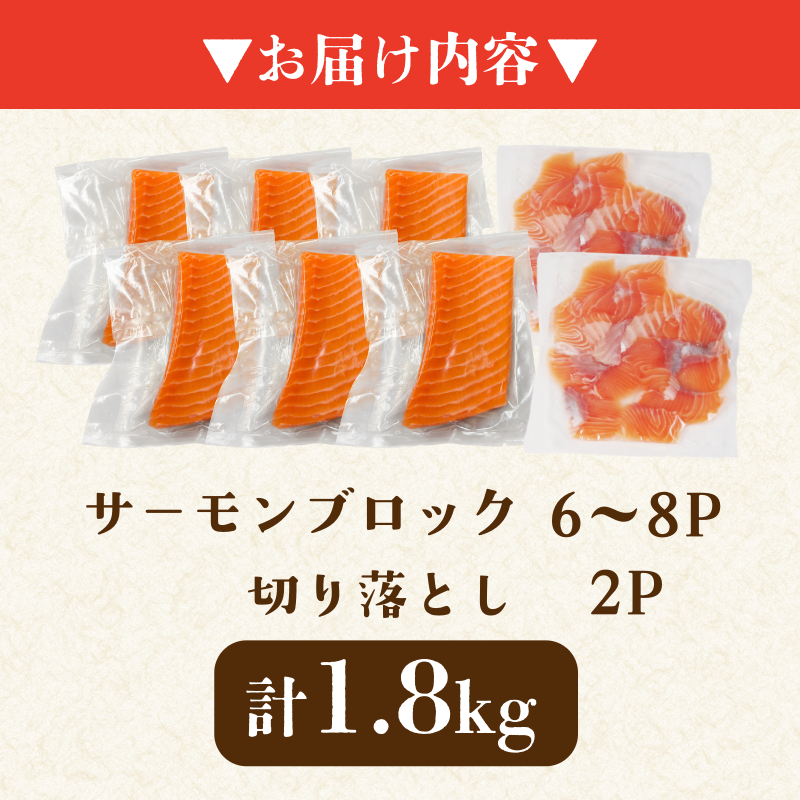 アトランティックサーモン 計1.8kg（切り落とし込み） 冷凍  鮭 刺し身 魚 人気 海鮮 生食用 刺身 お刺身 魚介類 魚介  海鮮丼 寿司 丼  カルパッチョ 海鮮サラダ ムニエル ホイル焼き【北海道･東北･沖縄･離島への配送不可】