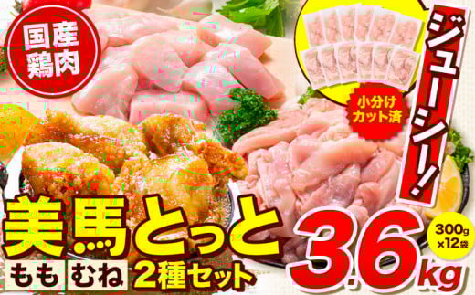 美馬とっと むね肉 もも肉 セット 約3.6kg 約300g×12パック《30日以内に出荷予定(土日祝除く)》徳島県 美馬市 肉 鶏 鶏肉 送料無料 冷凍 胸肉 モモ肉 むね もも 小分け まるほ食品 st-p
