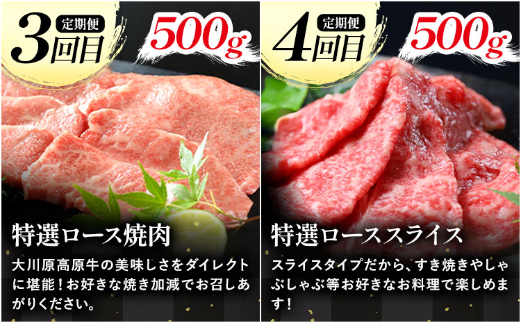 【年間10頭！】《定期便》全4回お届け！大川原高原牛 特選ロース(しゃぶしゃぶ・ステーキ・焼肉・スライス 各500gずつ) 株式会社肉の藤原 《お申込み月翌月から出荷開始》牛肉 定期便 月1回 徳島県 佐那河内村 s-23