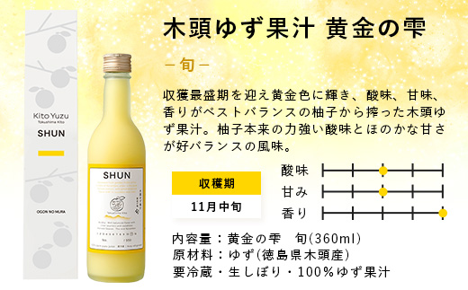 ≪お歳暮ギフト≫ 木頭ゆず果汁 黄金の雫 3本セット 各1本 360ml【徳島県産 那賀町 木頭地区 木頭 木頭ゆず 木頭柚子 ゆず ユズ 柚子 柚子果汁 果汁 飲料 ジュース ストレート ドリンク 黄金の雫 生しぼり 100% 要冷蔵 飲み比べ 黄金の村】OM-116-O