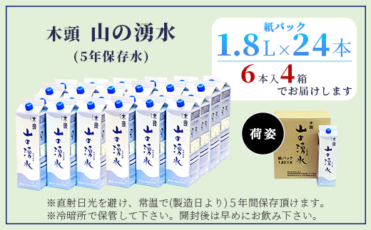 《5年保存水》山の湧水 (天然ミネラルウォーター) 1.8L×6本×4ケース 計24本【徳島県 那賀町 国産 天然水 天然 みず 水 ミネラルウォーター わき水 湧き水 1800ml 飲料水 備蓄 備蓄水 非常用 防災 災害 支援 紙パック 長期保存 防災グッズ 災害対策】KM-63