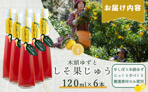 手しぼり木頭ゆず使用 木頭ゆずとしそ果じゅう 120ml 6本【徳島 那賀 木頭柚子 ゆず ユズ 柚子 赤しそ 赤紫蘇 シソ 果汁 ジュース かき氷 シャーベット シロップ 水割り お湯割り 炭酸割り 手作り 無添加 国産 国内製造 生産者直送】YA-50