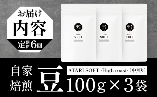 【定期便6回】【豆タイプ】珈琲屋 中-ATARI- SOFT (中煎り) -High roast- 100g×3袋×6回【徳島県 那賀町 自家焙煎 コーヒー 珈琲 ブレンド コーヒー豆 珈琲豆 豆 スペシャリティコーヒー レギュラーコーヒー 中煎り ハイロースト 詰め合わせ ギフト プレゼント お取り寄せ】CO-13
