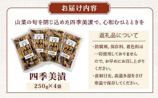 木沢特産 ふるさとの味 四季美漬 (しょう油漬) 250g×4袋【徳島県 那賀町 国産 山菜漬け 醬油漬 漬物 漬け物 加工品 山菜 味付き ごはんのおとも ご飯のお供 惣菜 おかず 副菜 小鉢 調味済み おつまみ お酒の肴 時短 お土産 お取り寄せ】MO-5