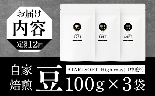 【定期便12回】【豆タイプ】珈琲屋 中-ATARI- SOFT (中煎り) -High roast- 100g×3袋×12回【徳島県 那賀町 自家焙煎 コーヒー 珈琲 ブレンド コーヒー豆 珈琲豆 豆 スペシャリティコーヒー レギュラーコーヒー 中煎り ハイロースト 詰め合わせ ギフト プレゼント お取り寄せ】CO-15