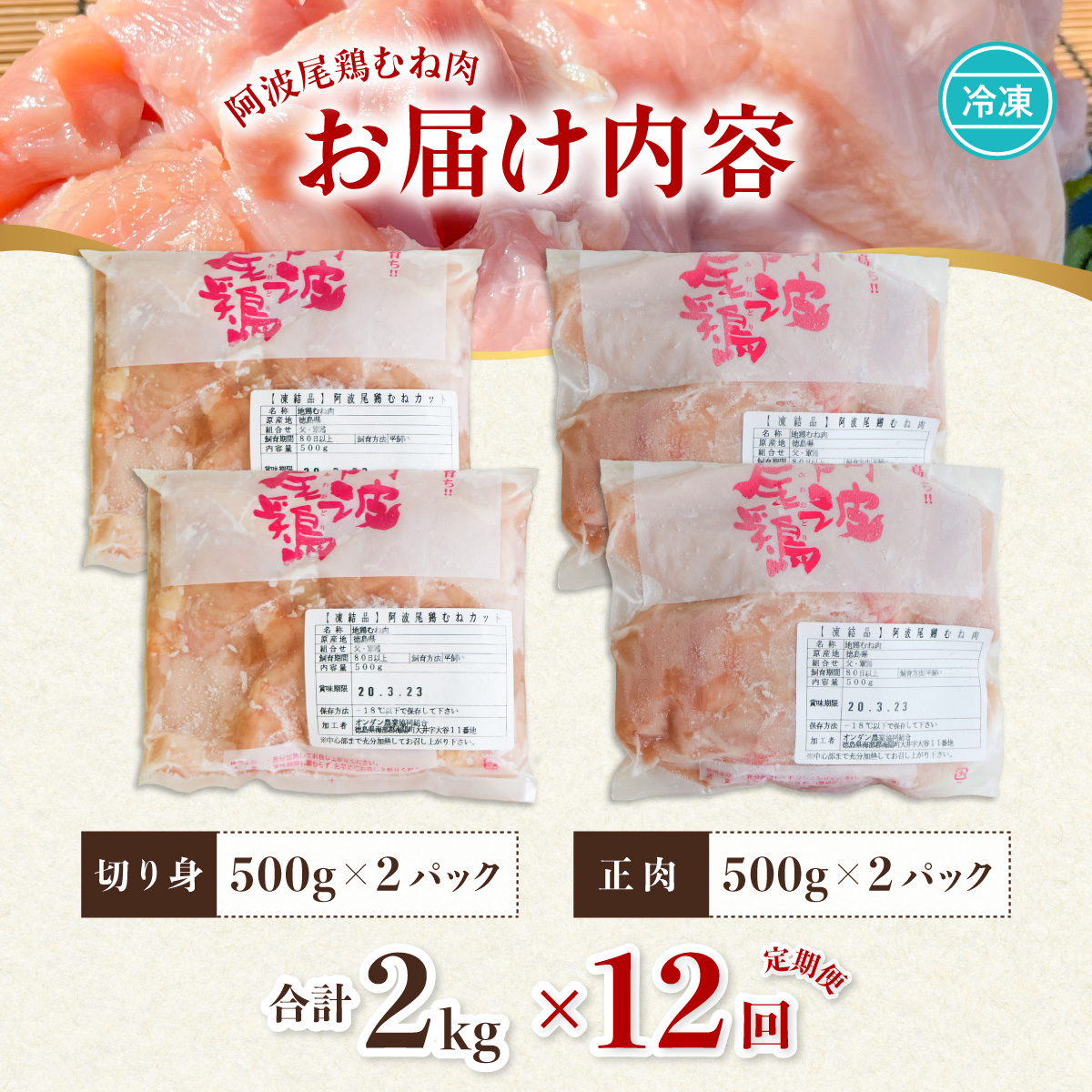 【阿波尾鶏のお肉定期便 12か月連続】阿波尾鶏むね肉2kg 12回お届け 12ヶ月定期便 阿波尾鶏 むね肉 約24kg (約2kg×12回) 冷凍 切り身 正肉 セット 徳島 地鶏 あわおどり