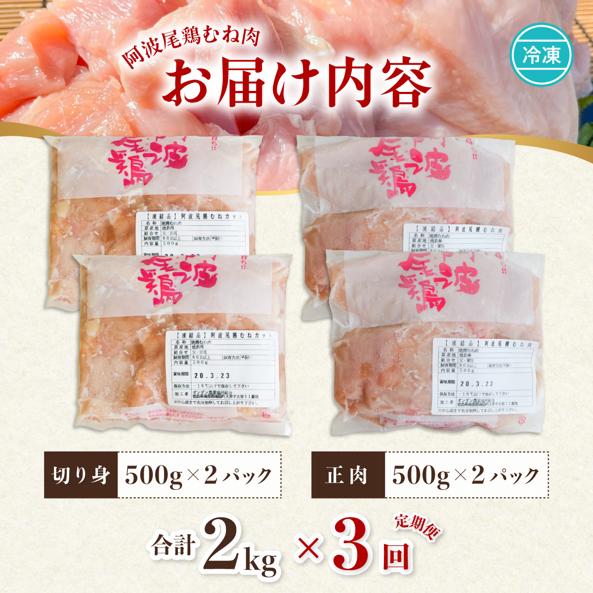 【阿波尾鶏のお肉定期便　３か月連続】阿波尾鶏むね肉２ｋｇ　３回お届け