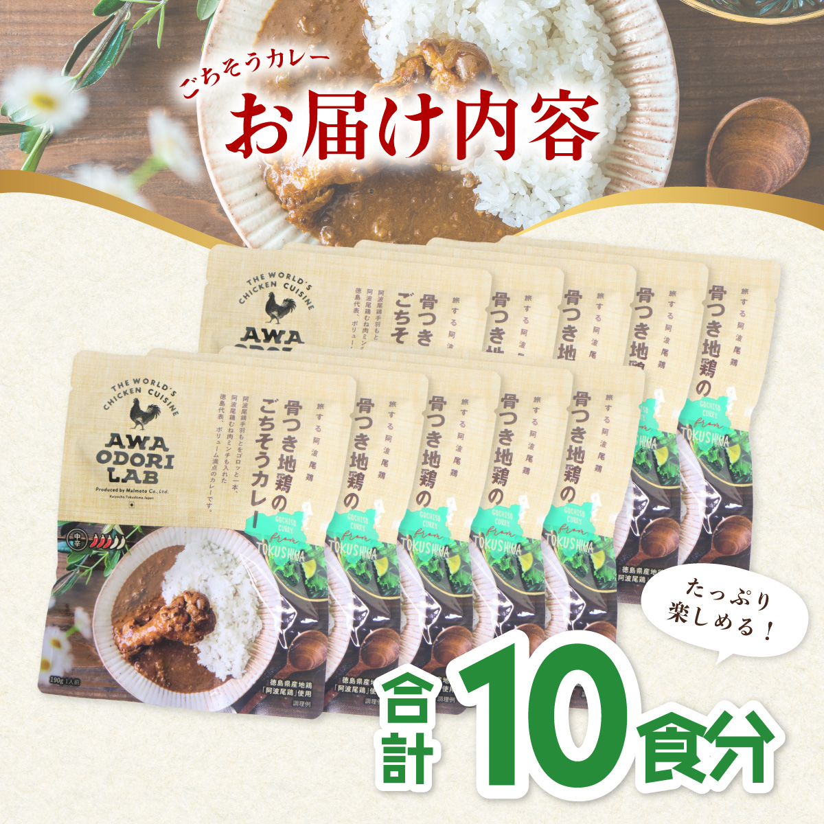 日本一地鶏 阿波尾鶏　骨つき地鶏のごちそうカレー 10人前セット カレー レトルト 阿波尾鶏 10食入り 阿波尾鶏のごちそうカレー 徳島 地鶏 あわおどり