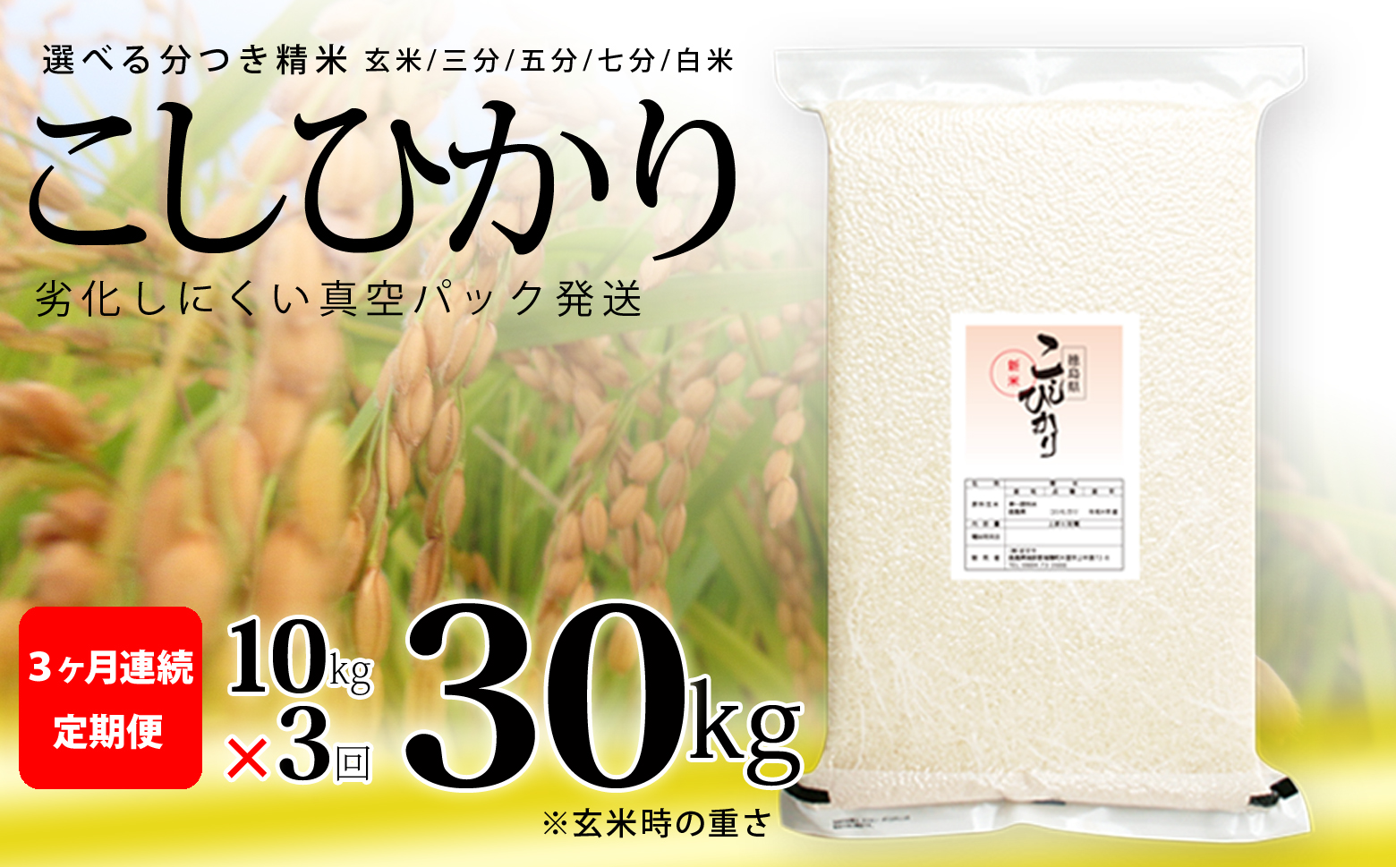 こしひかり 玄米時重量 5kg×2袋×3回 3ヶ月連続 定期便 玄米時重量30kg 分づき米 対応可 真空パック コシヒカリ 米 簡易梱包 エコ梱包