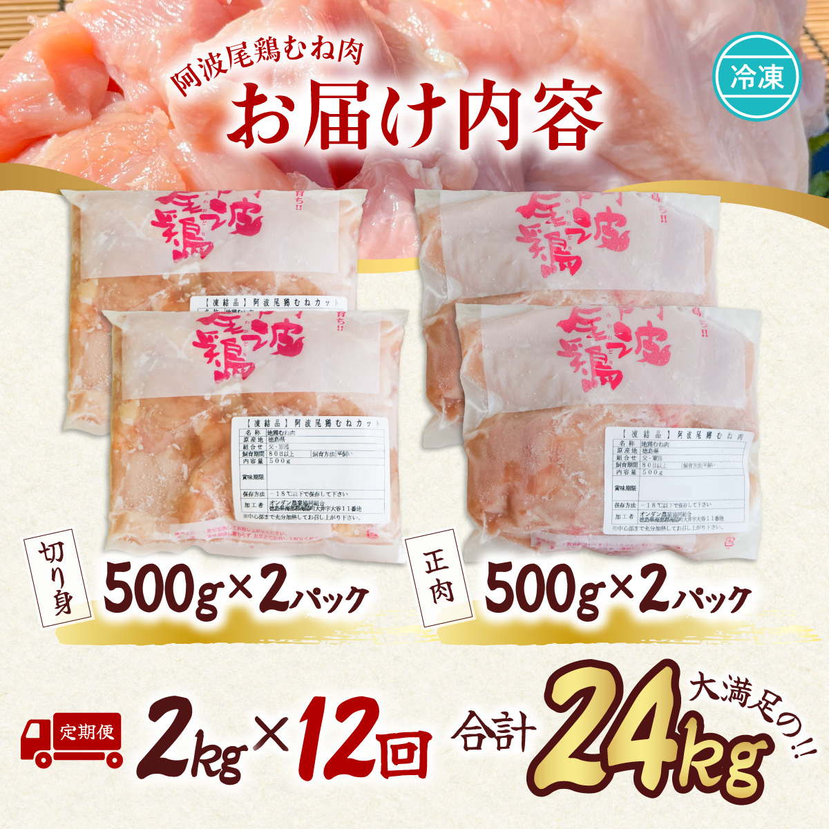 【阿波尾鶏のお肉定期便 12か月連続】阿波尾鶏むね肉2kg 12回お届け 12ヶ月定期便 阿波尾鶏 むね肉 約24kg (約2kg×12回) 冷凍 切り身 正肉 セット 徳島 地鶏 あわおどり