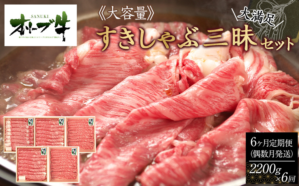 偶数月発送≪6ヶ月定期便・大容量≫オリーブ牛すきしゃぶ三昧大満足セット　2200g×6回