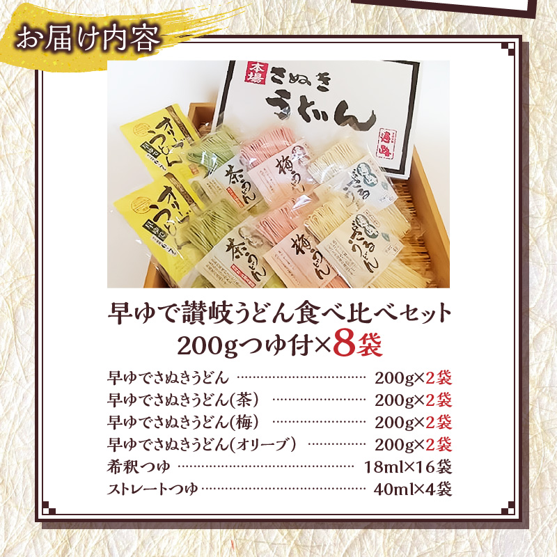 香川県高松市　早ゆで讃岐うどん食べ比べセット　200gつゆ付×8袋
