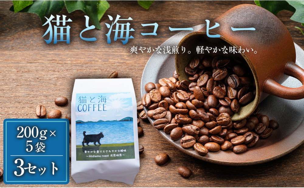 猫と海コーヒー（浅煎りブレンド）200g×5袋 3セット コーヒー豆 珈琲豆 浅煎り 焙煎 コーヒー 珈琲 インドネシア産 ブラジル産 グアテマラ産 エチオピア産 ドリップコーヒー スペシャルティコーヒー 家カフェ 香川県 高松市