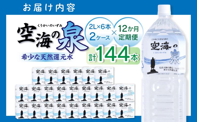 【12ヶ月定期便】計144本　希少天然還元水　空海の泉2L×6本×2ケース:香川県