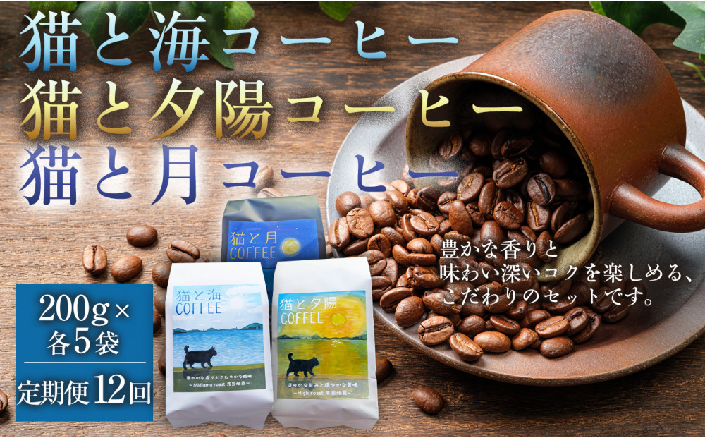 【定期便全12回】 猫と海コーヒー（浅煎りブレンド）200g/猫と夕陽コーヒー（中煎りブレンド）200g/猫と月コーヒー（深煎りブレンド）200g 各5袋 1セット コーヒー豆 珈琲豆 浅煎り 中煎り 深煎り 焙煎 コーヒー 珈琲 インドネシア産 ブラジル産 グアテマラ産 エチオピア産 ドリップコーヒー スペシャルティコーヒー 家カフェ 香川県 高松市