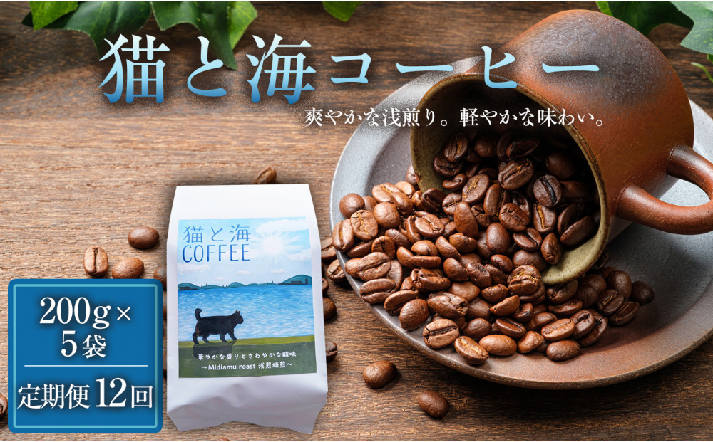 【定期便全12回】 猫と海コーヒー（浅煎りブレンド）200g×5袋 1セット コーヒー豆 珈琲豆 浅煎り 焙煎 コーヒー 珈琲 インドネシア産 ブラジル産 グアテマラ産 エチオピア産 ドリップコーヒー スペシャルティコーヒー 家カフェ 香川県 高松市