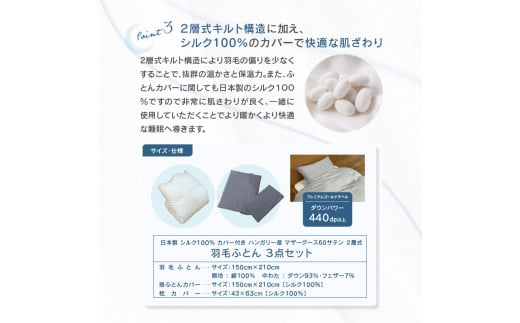 日本製 シルク100％ カバー付き ハンガリー産 マザーグース 60サテン 2層式 羽毛ふとん 3点セット GY
