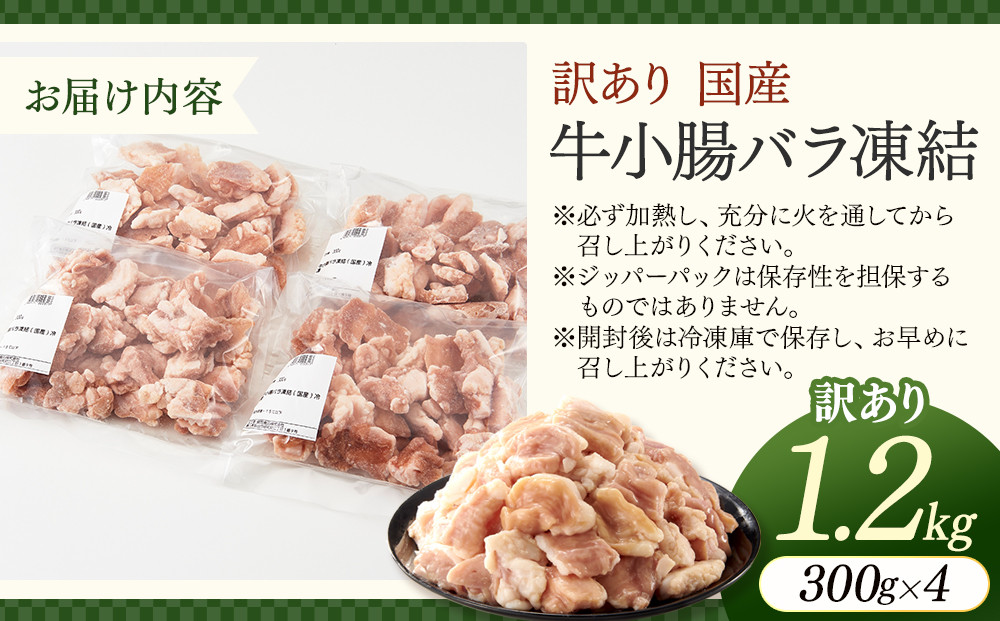 【訳あり】国産牛小腸バラ凍結1.2kg（300ｇ×4パック）もつ鍋、焼肉に！