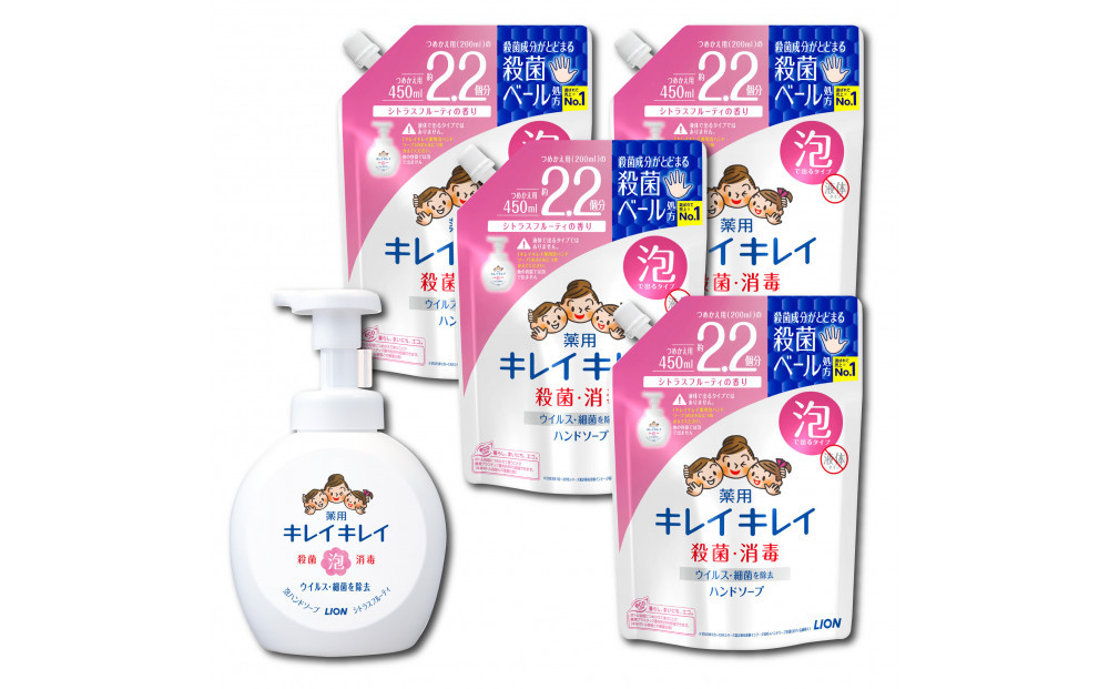 大型サイズ キレイキレイ Hセット（薬用泡ハンドソープ 本体500ml × 1本 & 詰替用 450ml × 4）【キレイキレイ きれいきれい 殺菌 予防 石鹸 人気 日用品 シトラスフルーティ 450ml 泡ハンドソープ 詰替え 薬用 大型】