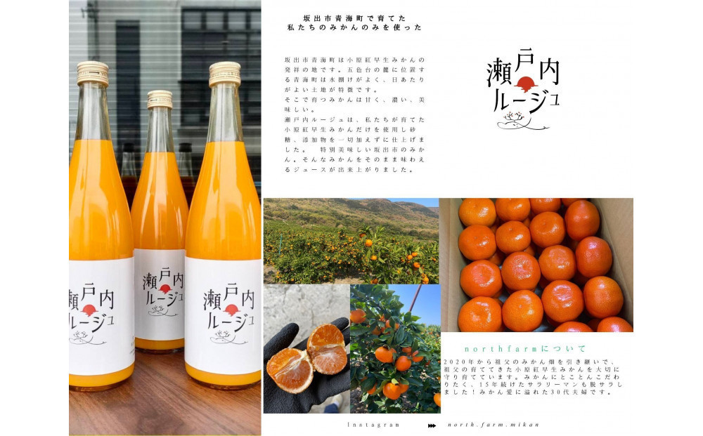 きたさんちのみかんジュース【瀬戸内ルージュ】小原紅早生みかん100％　720ml×2本セット