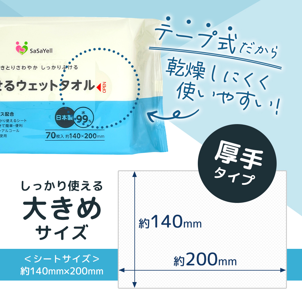 99%水成分 厚手流せるウェットタオル70枚入×30個（2100枚）【介護・災害・備蓄】 日用品 防災グッズ ウェットティッシュ 
