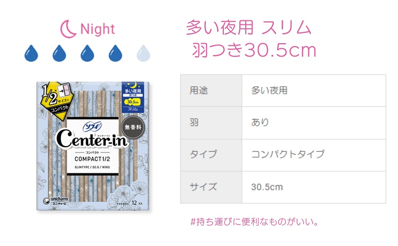 ソフィ センターインコンパクト１／２無香料多い夜用 12枚×9 雑貨 日用品 衛生用品 生理用品 ナプキン スリム ユニ チャーム 
