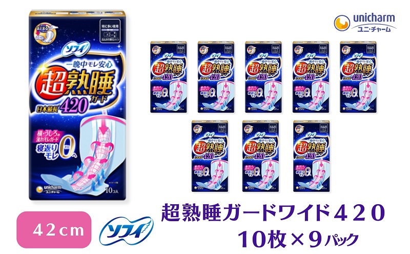 ソフィ 超熟睡ガード ワイドＧ４２０　10枚×9 日用品 生理用品 ナプキン ギャザー付き モレ防止 ユニチャーム