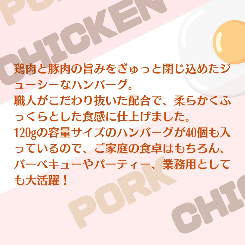 旨みチキンとポークのハンバーグ 120ｇ×４０個（冷凍直送）