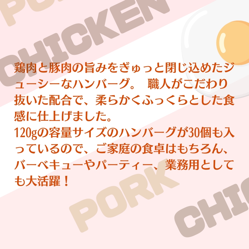 旨みチキンとポークのハンバーグ 120ｇ×30個（冷凍直送）