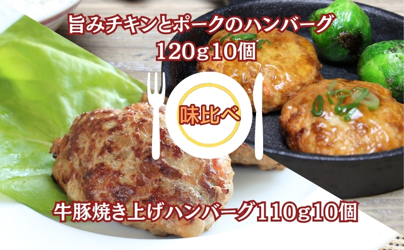 旨みチキンとポークのハンバーグ 120ｇ10個と牛豚焼き上げハンバーグ110ｇ10個（冷凍直送）