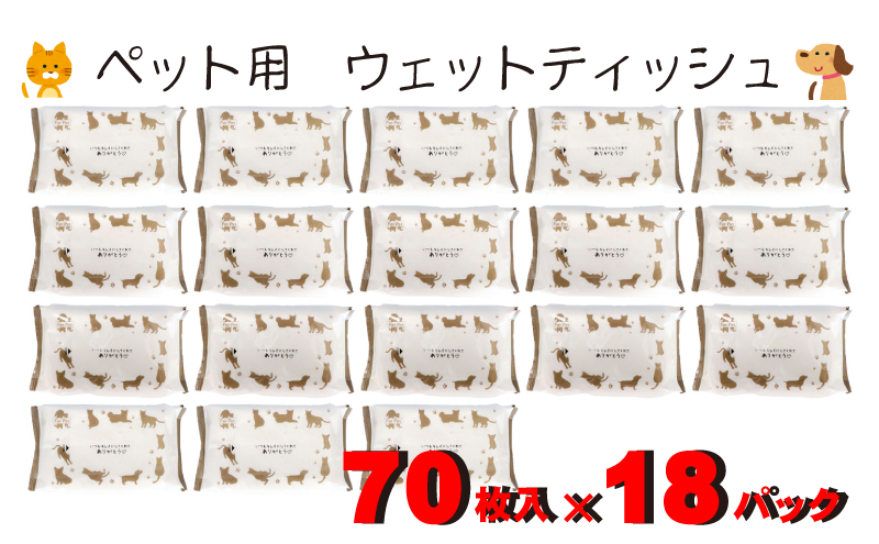 なめても安心♪ ペット用 ウエットティッシュ 70枚×18個入 (1260枚)〈KA-203F〉