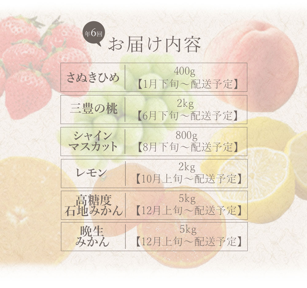 M160-0041_【配送不可地域：北海道・沖縄県・離島】フルーツ定期便 6回 三豊市 三豊の桃 2kg　特大シャインマスカット 800g 晩生みかん　5kg 高糖度石地みかん　5kg さぬきひめ　400g レモン 2kg