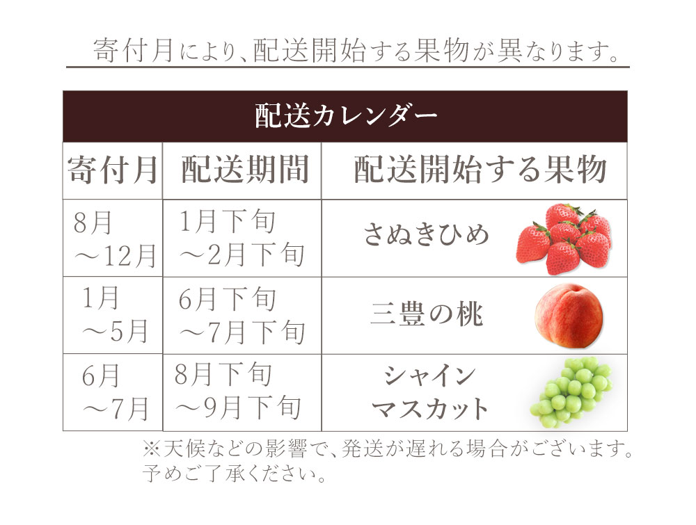 M02-0208_フルーツ定期便 3回 さぬきひめいちご 400g 特大シャインマスカット 800g 三豊の桃　2kg【配送不可地域：北海道・沖縄県・離島】